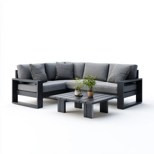 Salon de jardin d’angle 4 places gris anthracite en aluminium avec table basse rectangulaire 230 x 170 cm