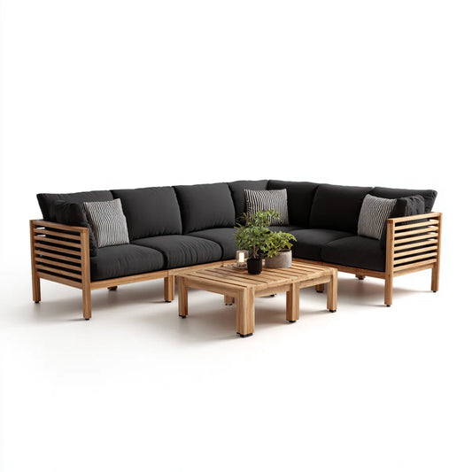 Salon de jardin d'angle 5 places noir en acacia massif avec table basse 220 x 220 cm