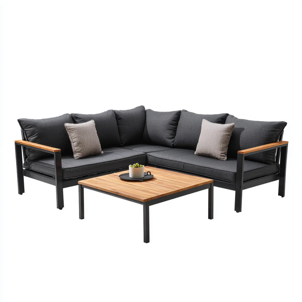 Salon de jardin d'angle 4 places anthracite avec table basse 210 x 210 x 70 cm en acier et bois d'acacia