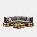 Salon de jardin d’angle en palettes gris avec table basse 200 x 200 cm en pin massif forme L