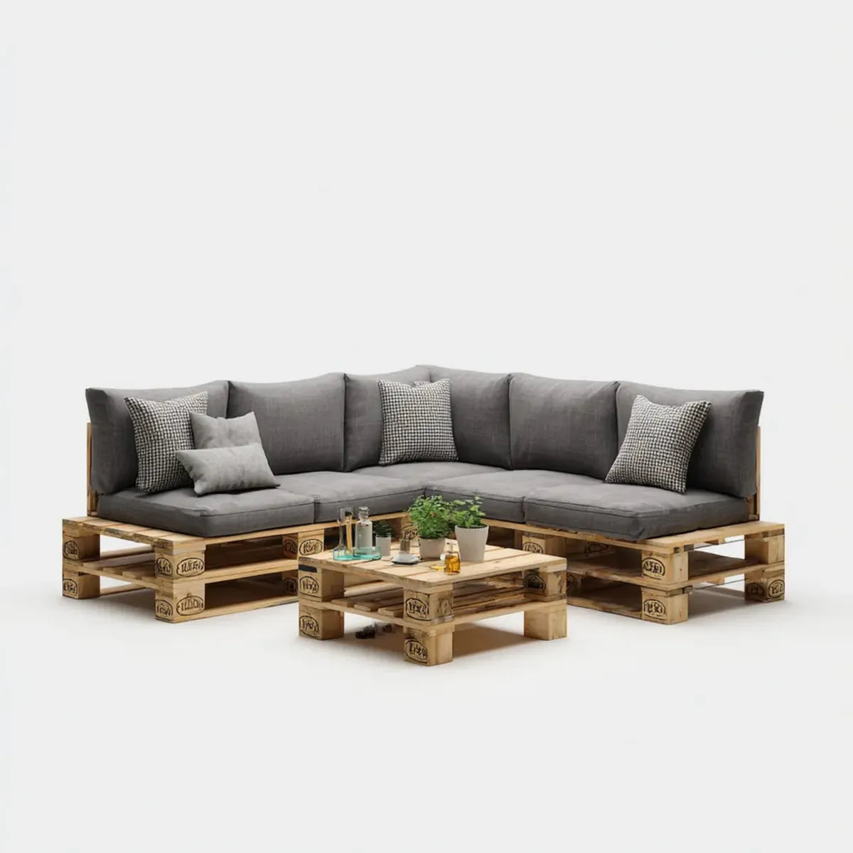 Salon de jardin d’angle en palettes gris avec table basse 200 x 200 cm en pin massif forme L