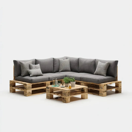 Salon de jardin d’angle en palettes gris avec table basse 200 x 200 cm en pin massif forme L