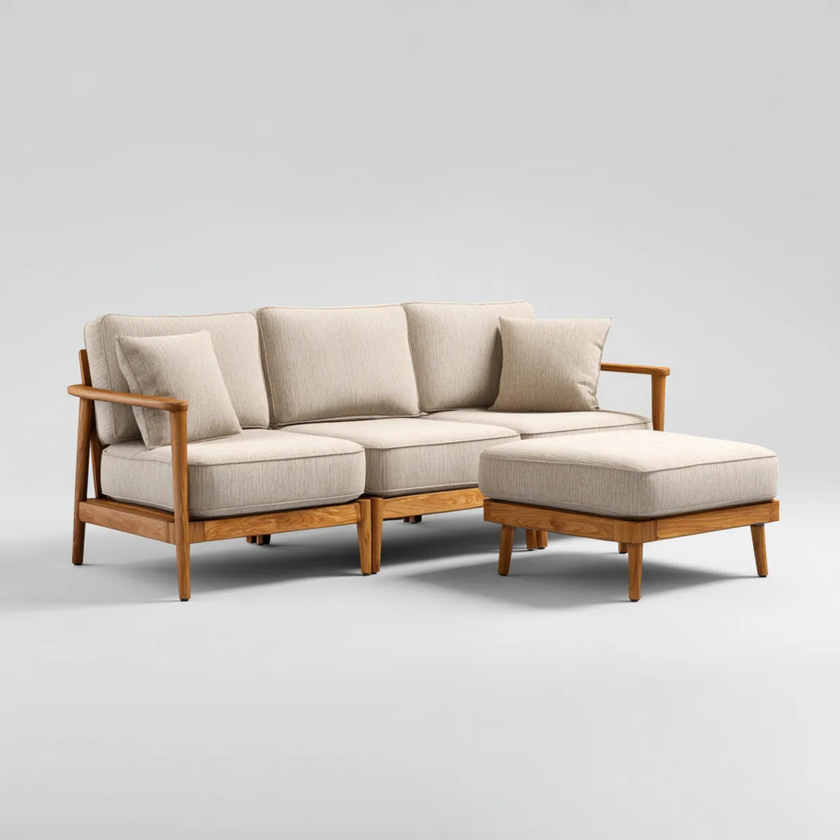 Canapé de jardin 3 places avec repose-pieds beige en teck massif et polyester rectangulaire 210 x 85 x 78 cm
