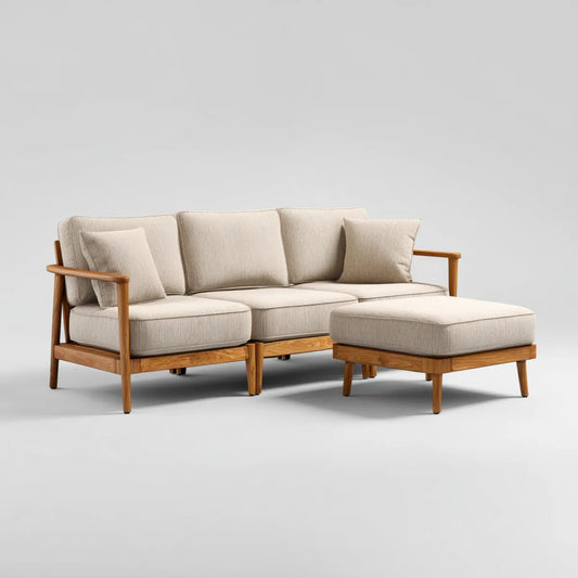 Canapé de jardin 3 places avec repose-pieds beige en teck massif et polyester rectangulaire 210 x 85 x 78 cm