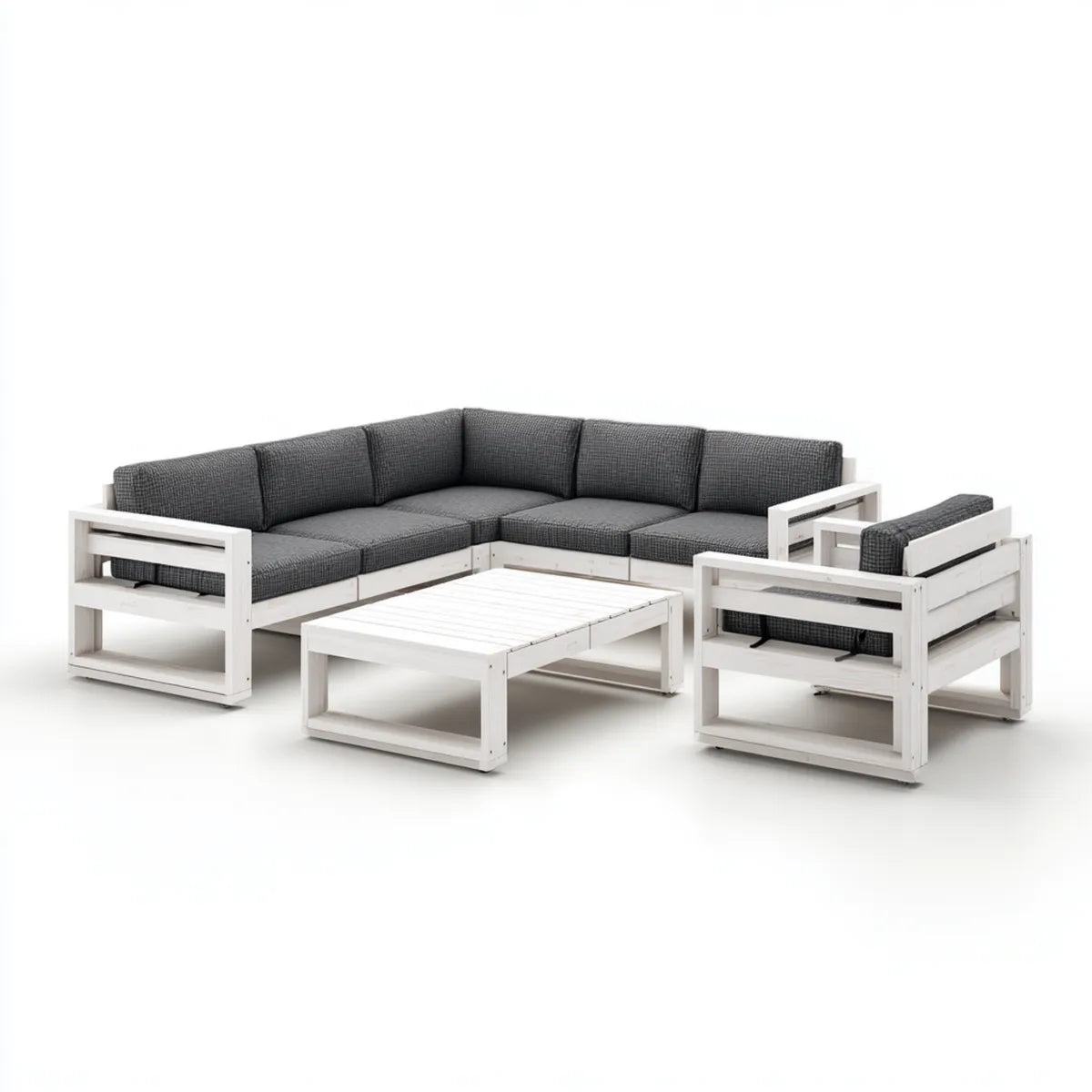 Salon de jardin d’angle 3 pièces blanc et gris en pin massif avec coussins en polyester 240 x 180 cm