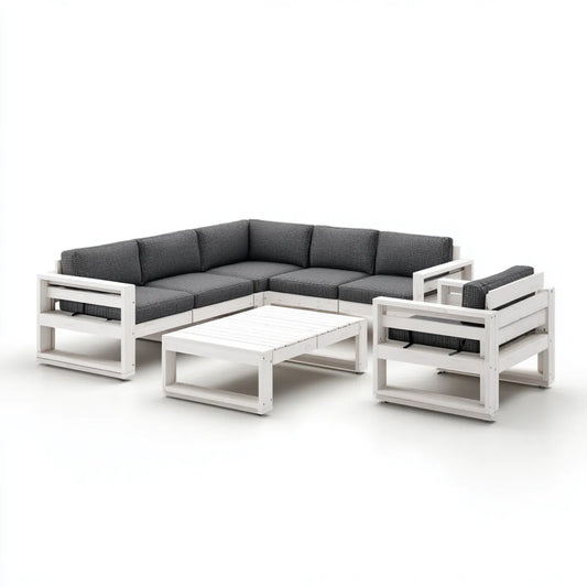 Salon de jardin d’angle 3 pièces blanc et gris en pin massif avec coussins en polyester 240 x 180 cm