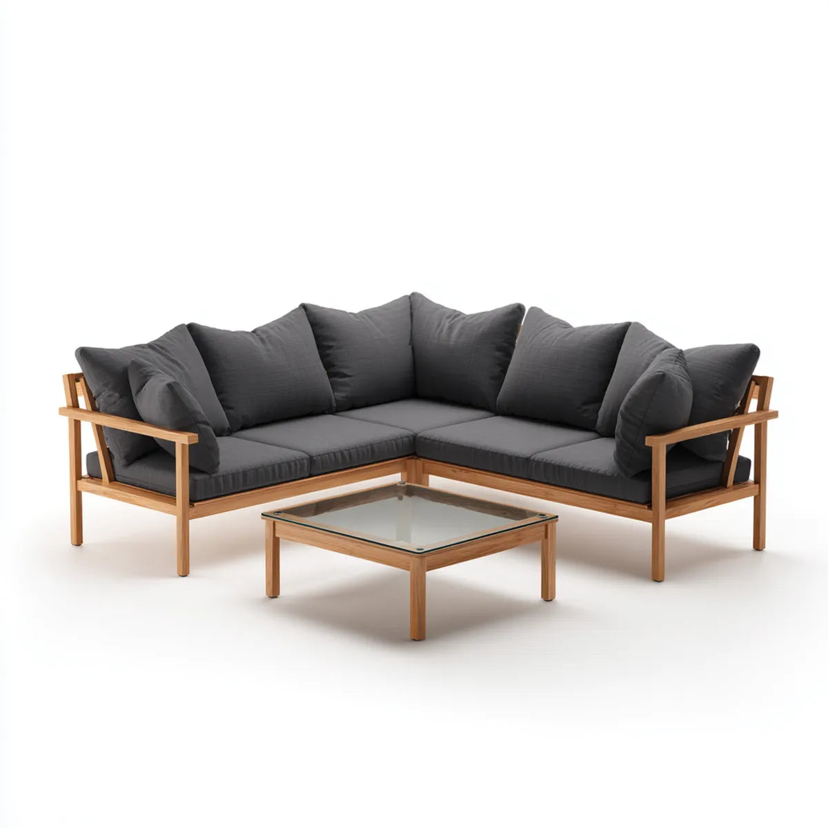 Salon de jardin d'angle 3 pièces gris anthracite 195 x 195 cm en acacia et verre trempé forme L