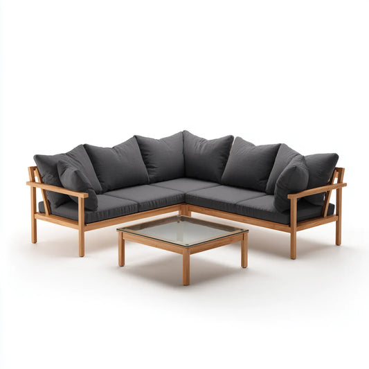 Salon de jardin d'angle 3 pièces gris anthracite 195 x 195 cm en acacia et verre trempé forme L