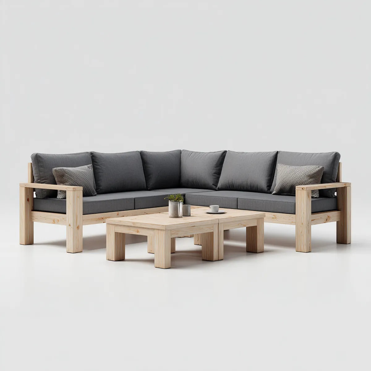 Salon de jardin d’angle 5 places avec 2 tables basses gris anthracite en pin massif 250 x 250 cm