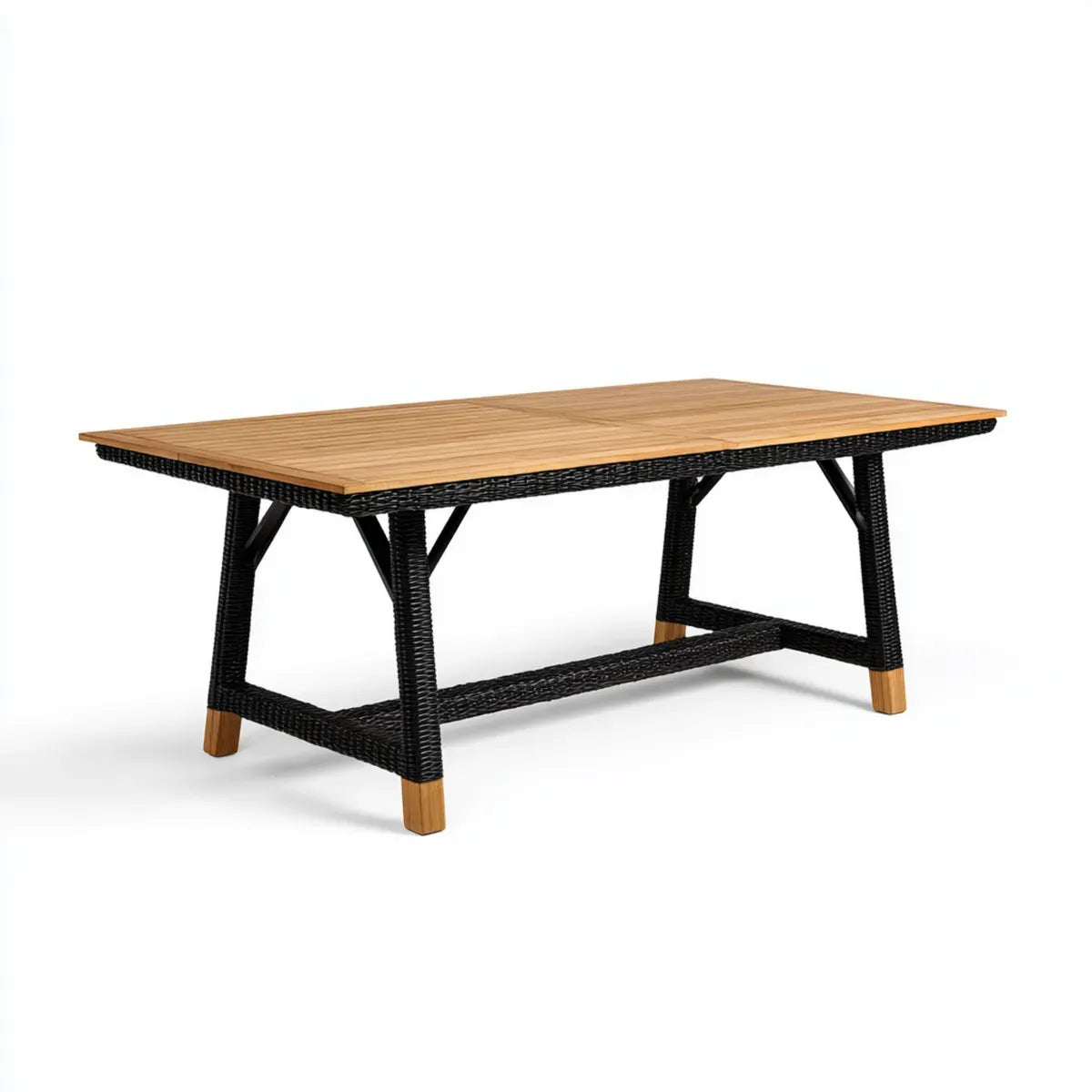 Table de jardin rectangulaire noire et bois naturel 190 x 90 x 75 cm en acacia massif et résine tressée