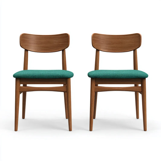 Lot de 2 chaises de salle à manger noyer et vert en hévéa massif avec dossier incurvé 45 x 50 x 80 cm