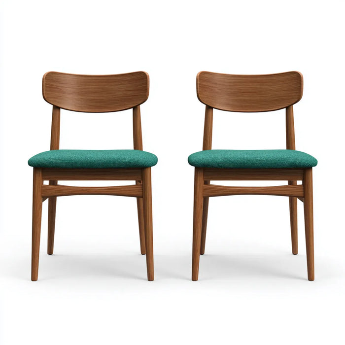 Lot de 2 chaises de salle à manger noyer et vert en hévéa massif avec dossier incurvé 45 x 50 x 80 cm