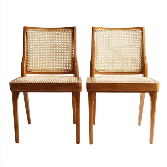 Lot de 2 chaises de salle à manger marron naturel en bois massif et cannage rectangulaire 46 x 55 x 82 cm