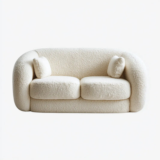 Canapé 2 places crème en polyester bouclette avec mousse polyuréthane forme arrondie L 180 x P 95 x H 75 cm