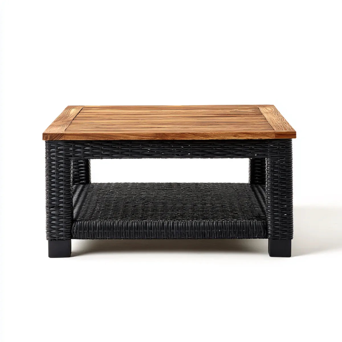 Table basse de jardin carrée noir et brun en résine tressée PE et acacia 60 x 60 x 45 cm