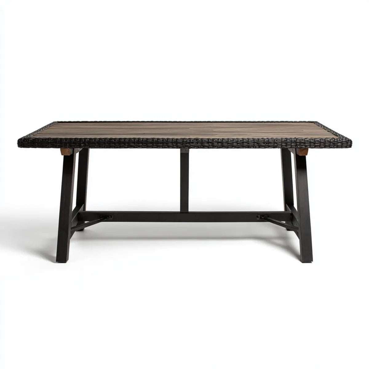 Table de jardin rectangulaire noire et marron 200 x 100 x 75 cm en acier acier galvanisé rotin PE et acacia