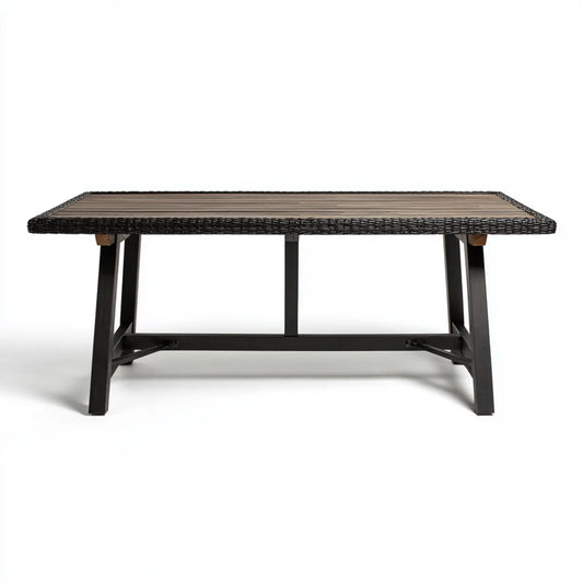 Table de jardin rectangulaire noire et marron 200 x 100 x 75 cm en acier acier galvanisé rotin PE et acacia
