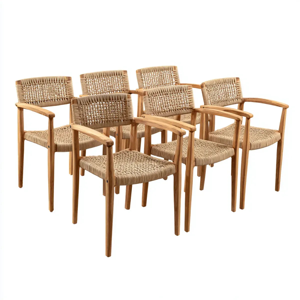 Lot de 6 chaises de salle à manger avec accoudoirs naturel 56 x 58 x 78 cm en teck massif et corde tressée dossier rectangulaire