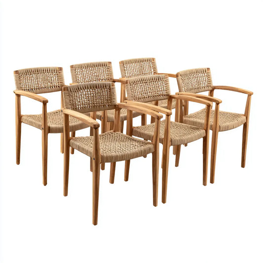 Lot de 6 chaises de salle à manger avec accoudoirs naturel 56 x 58 x 78 cm en teck massif et corde tressée dossier rectangulaire